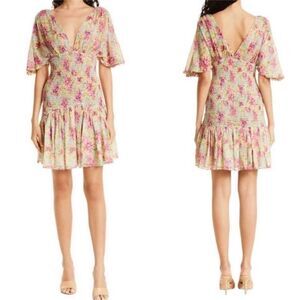 ByTiMo NWT Multicolor Floral Print Smocked Chiffon V-Neck Mini Dress Size S